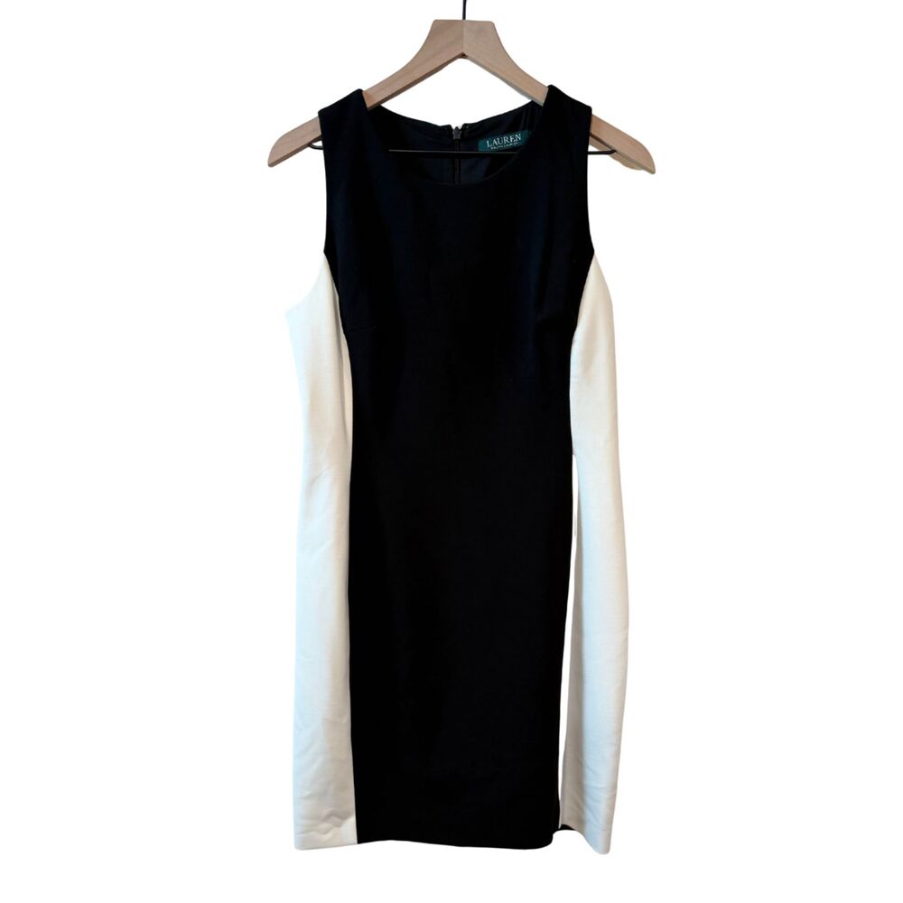 Lauren Ralph Lauren Black White Colorblock Sheath Dress Size 12P Cocktail Office